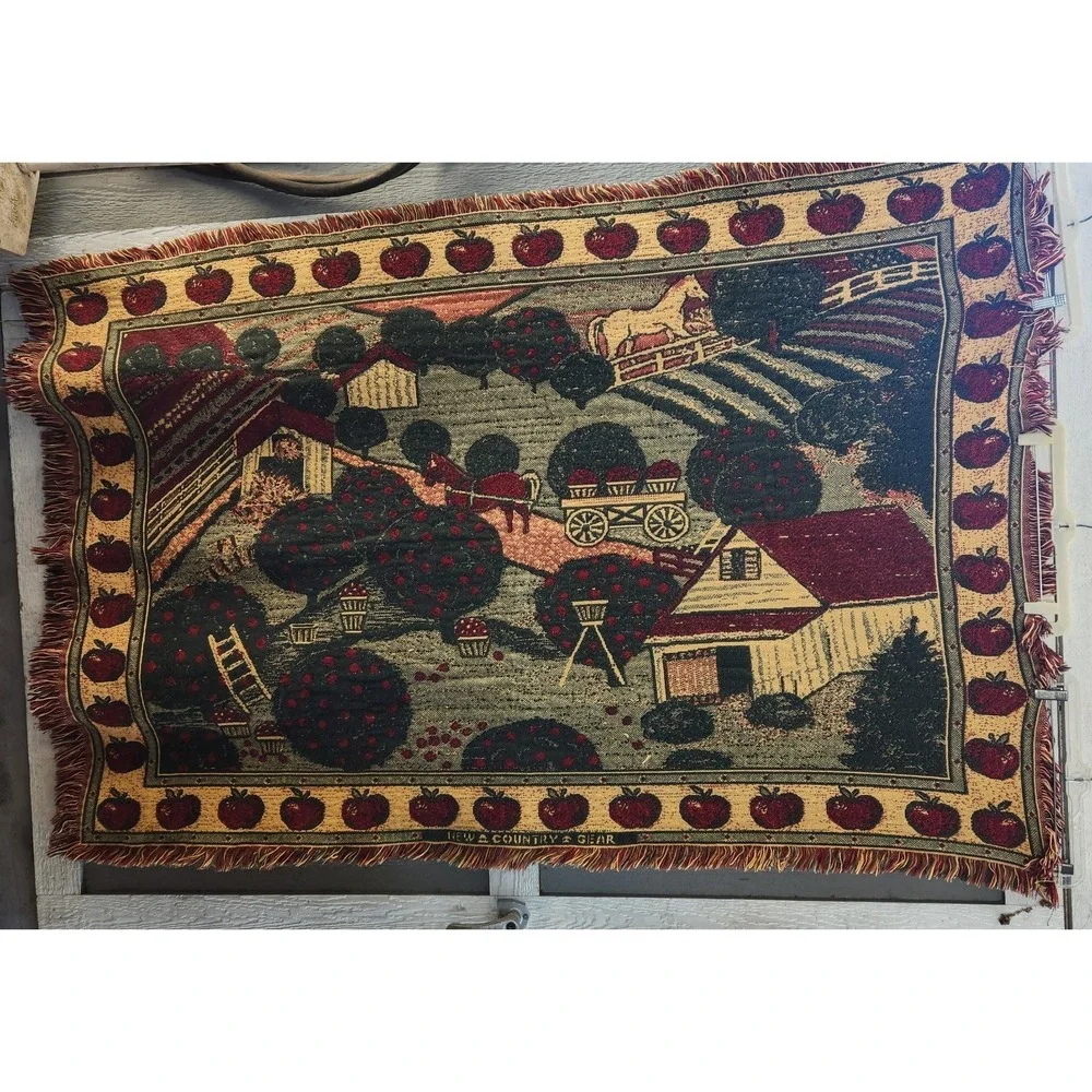 Vtg woven‎ Tapestry Throw Blanket Horses Barn Apple Orchard Thick Cotton Fringe